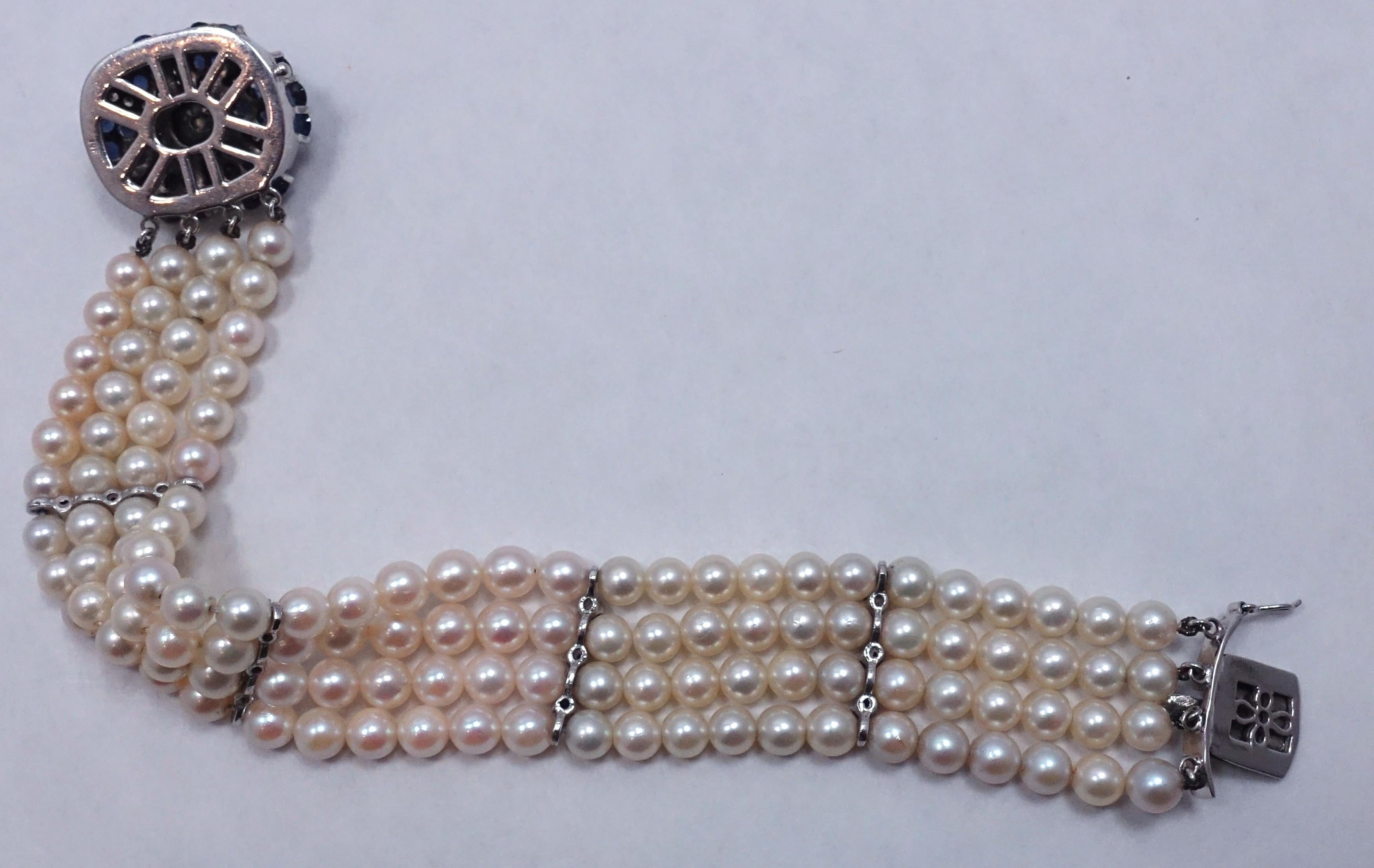 Women's or Men's Vintage 14kt Gold Diamonds, Sapphires & Pearls Bracelet For Sale