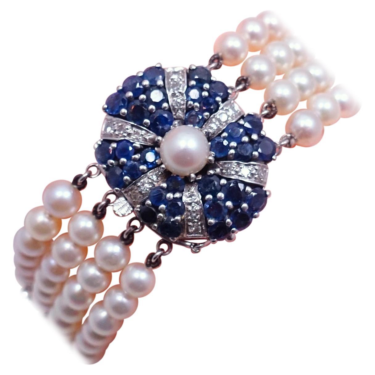 Vintage 14kt Gold Diamonds, Sapphires & Pearls Bracelet For Sale