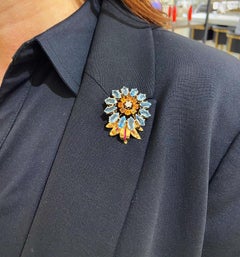 Vintage 14KT Gold Floral Brooch with Aquamarine, Citrine, & Diamond, circa 1940s