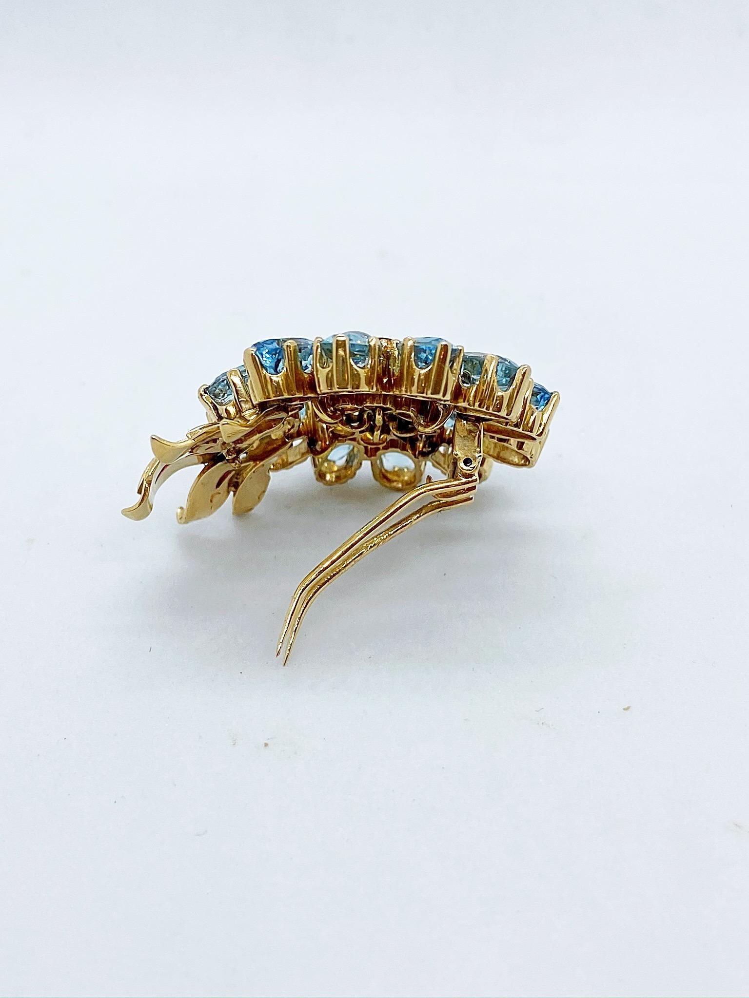 Oval Cut Vintage 14KT Gold Floral Brooch with Aquamarine, Citrine, & Diamond, circa 1940s For Sale