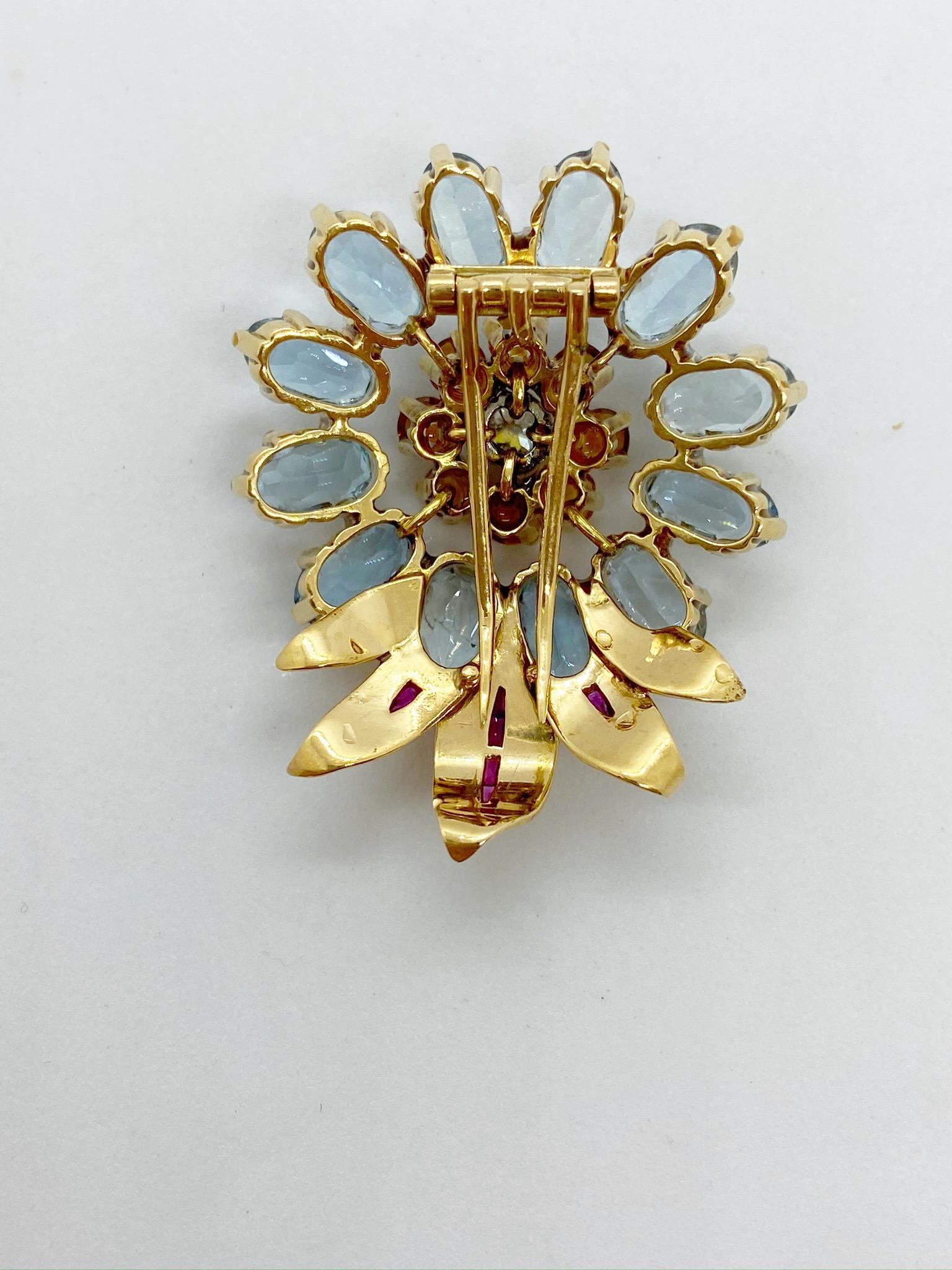 Vintage 14KT Gold Floral Brooch with Aquamarine, Citrine, & Diamond, circa 1940s In Excellent Condition For Sale In New York, NY