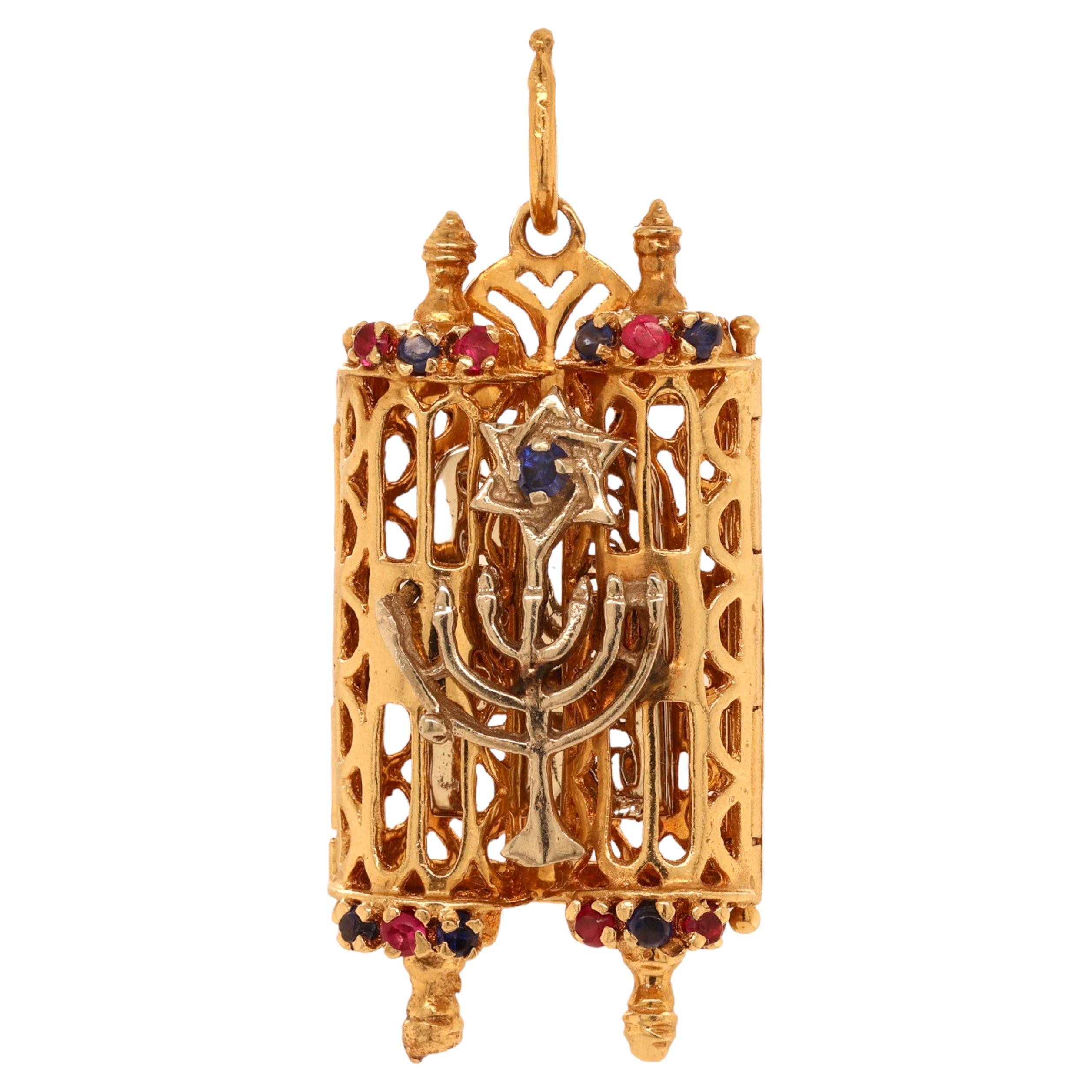 Vintage 14 Karat Gold Judaica Torah Scroll Pendant Holder, Menorah&Star of David