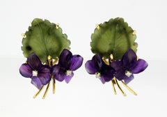 14 Karat Gold Ladies Natural Jade, Amethyst and Diamond Earring and Brooch Set