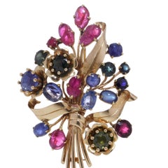 Vintage 14kt gold multi coloured gem flower bouquet brooch