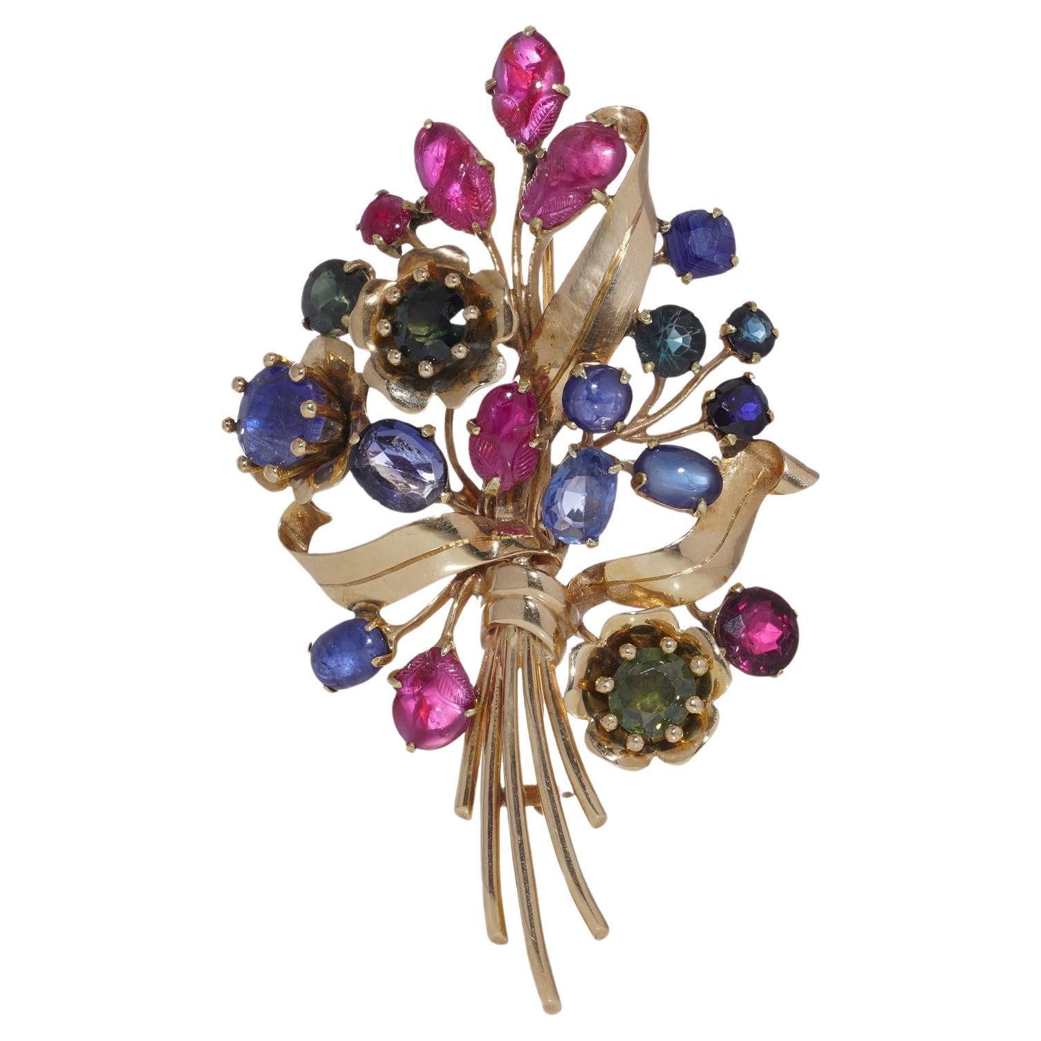 Vintage 14kt gold multi coloured gem flower bouquet brooch