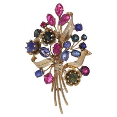 Vintage 14kt gold multi coloured gem flower bouquet brooch