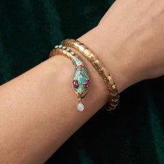 Vintage 14KT Gold Serpent Bracelet, Turquoise Enamel, Ruby, Opal and Diamond