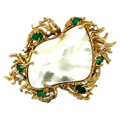 Vintage 14kt Mabe Pearl, Diamonds & Emeralds Enhancer Pendant/Brooch