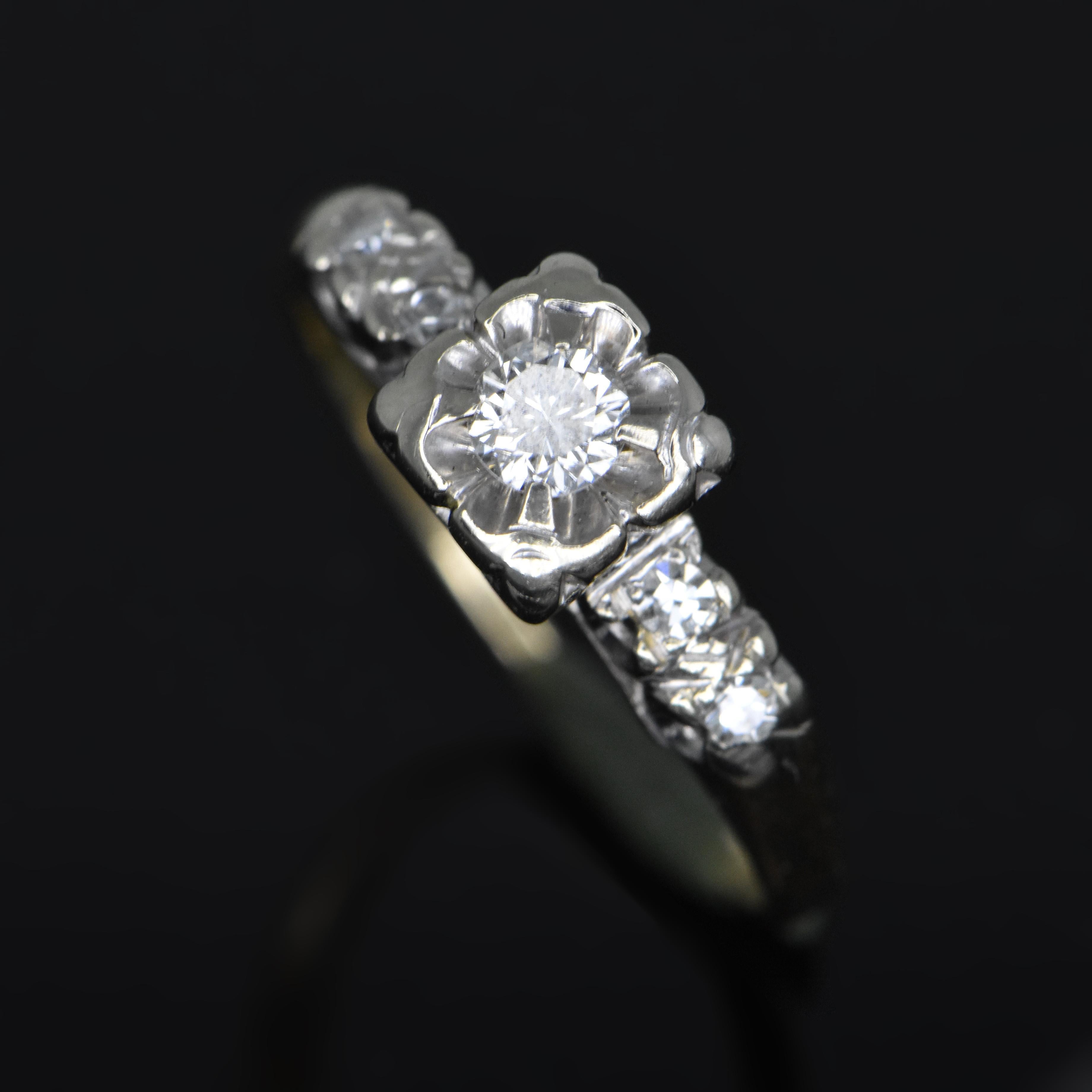 Round Cut Vintage 14 Karat White and Yellow Gold Diamond Ring For Sale