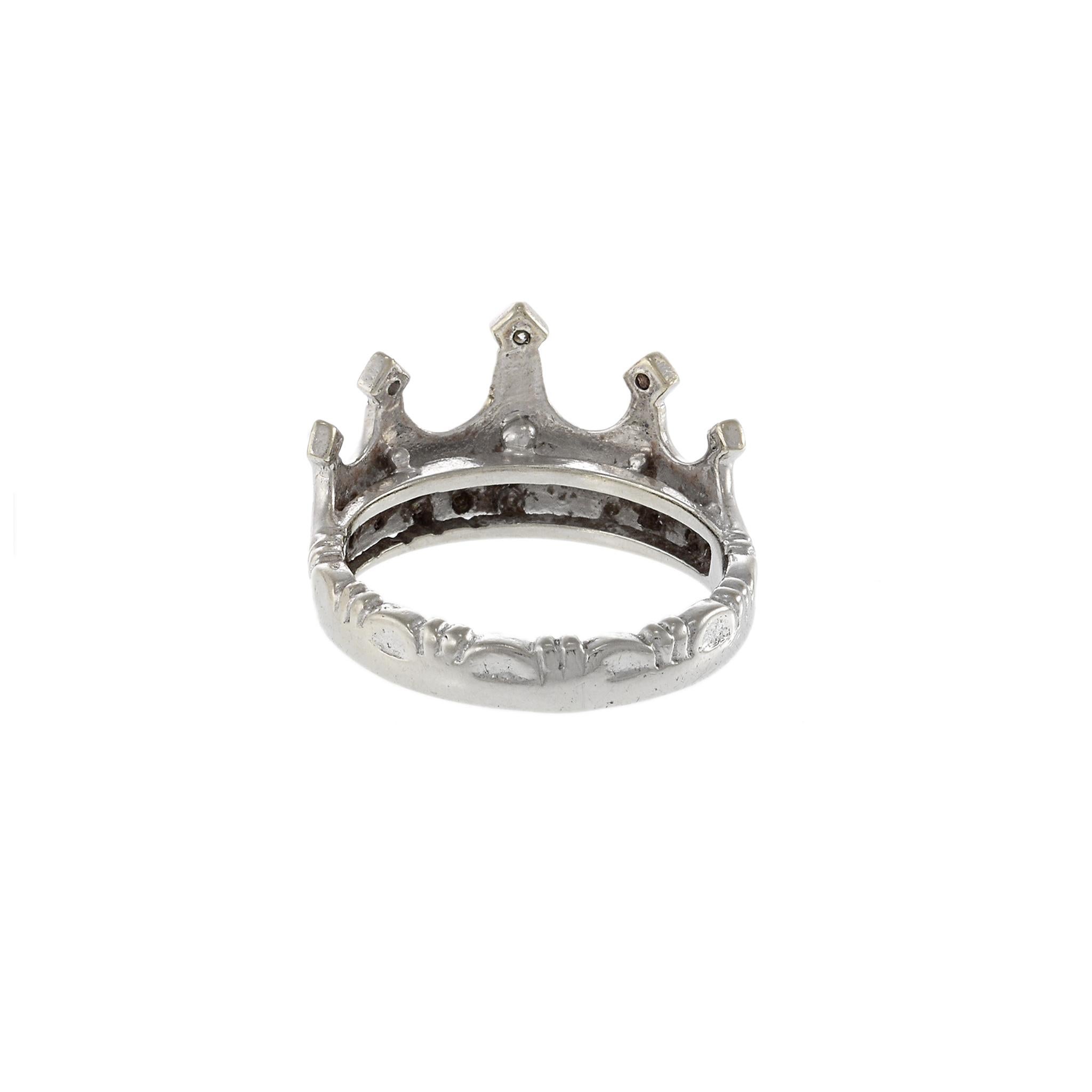 Women's or Men's Vintage 14KT White Gold and Round Cut Diamonds Crown Ring