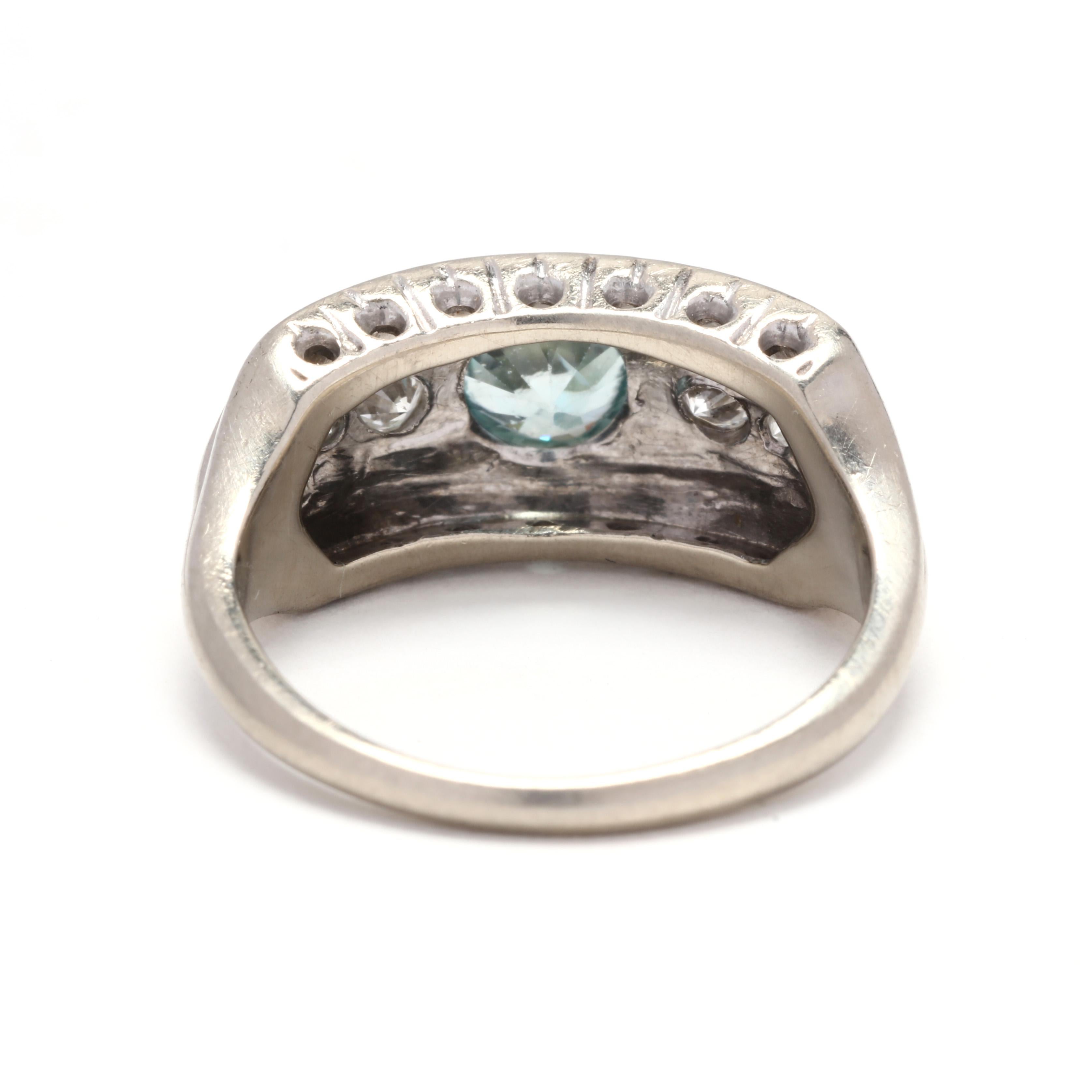 Retro Vintage 14 Karat White Gold, Blue Zircon, Diamond Engagement Statement Ring