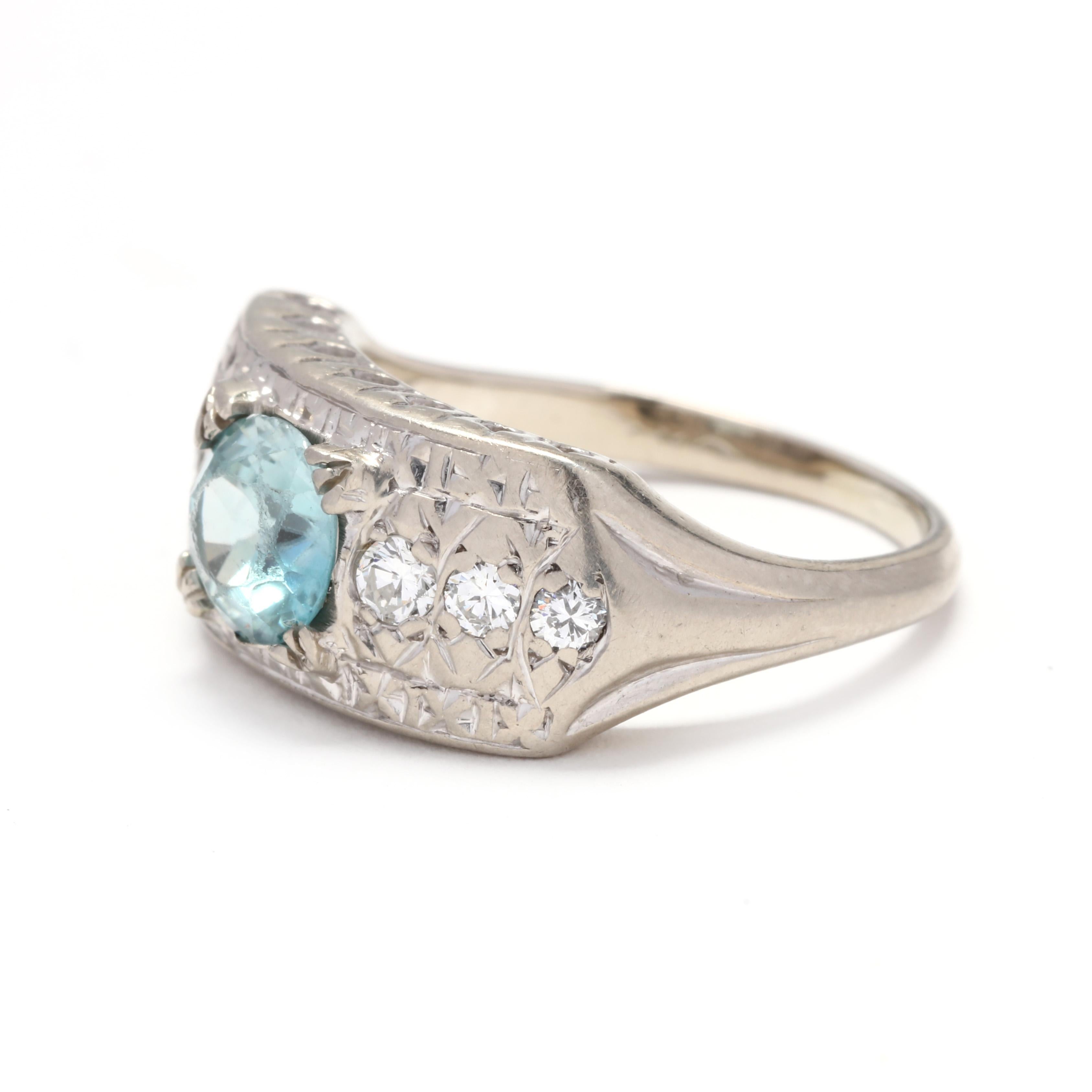 Round Cut Vintage 14 Karat White Gold, Blue Zircon, Diamond Engagement Statement Ring