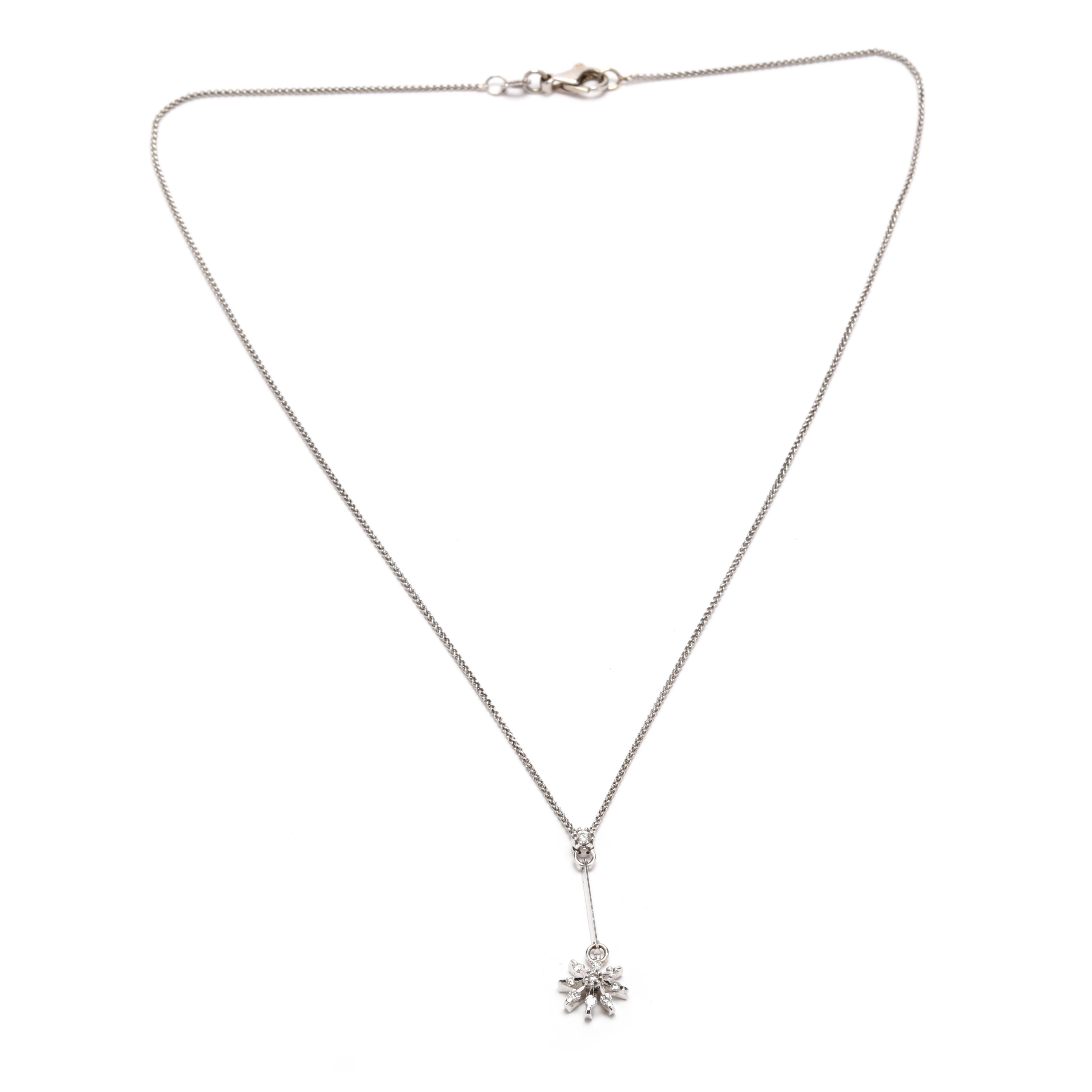 Brilliant Cut Vintage 14KT White Gold Diamond Flower Necklace, Flower Lariat