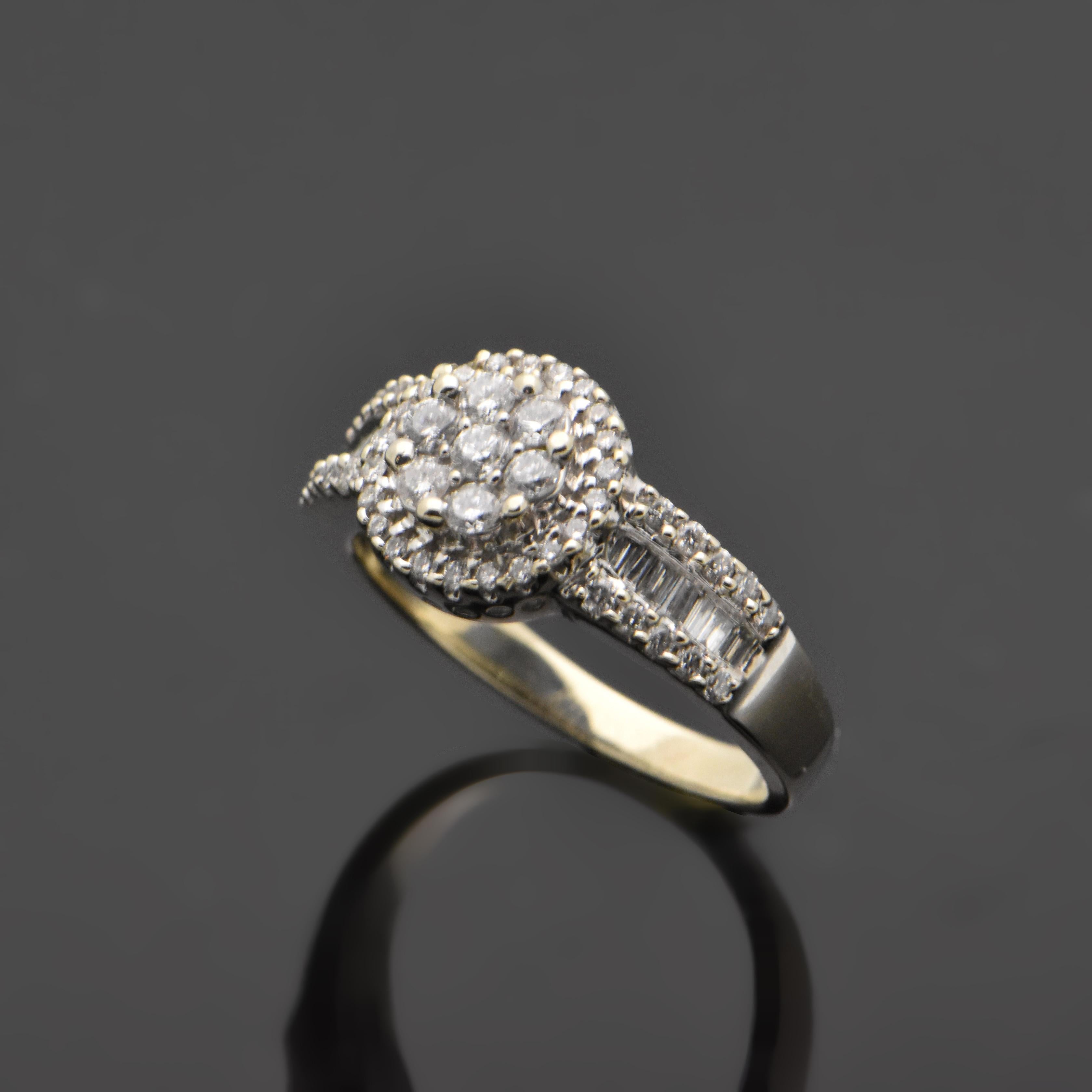 A vintage 14kt white gold ring features a cluster of diamonds, baguettes, and brilliant-cut pave diamonds in the setting. Diamond are an estimated 0.50cttw. Estimated weight of gold is 3.5 gr. 

We will size it for you.

