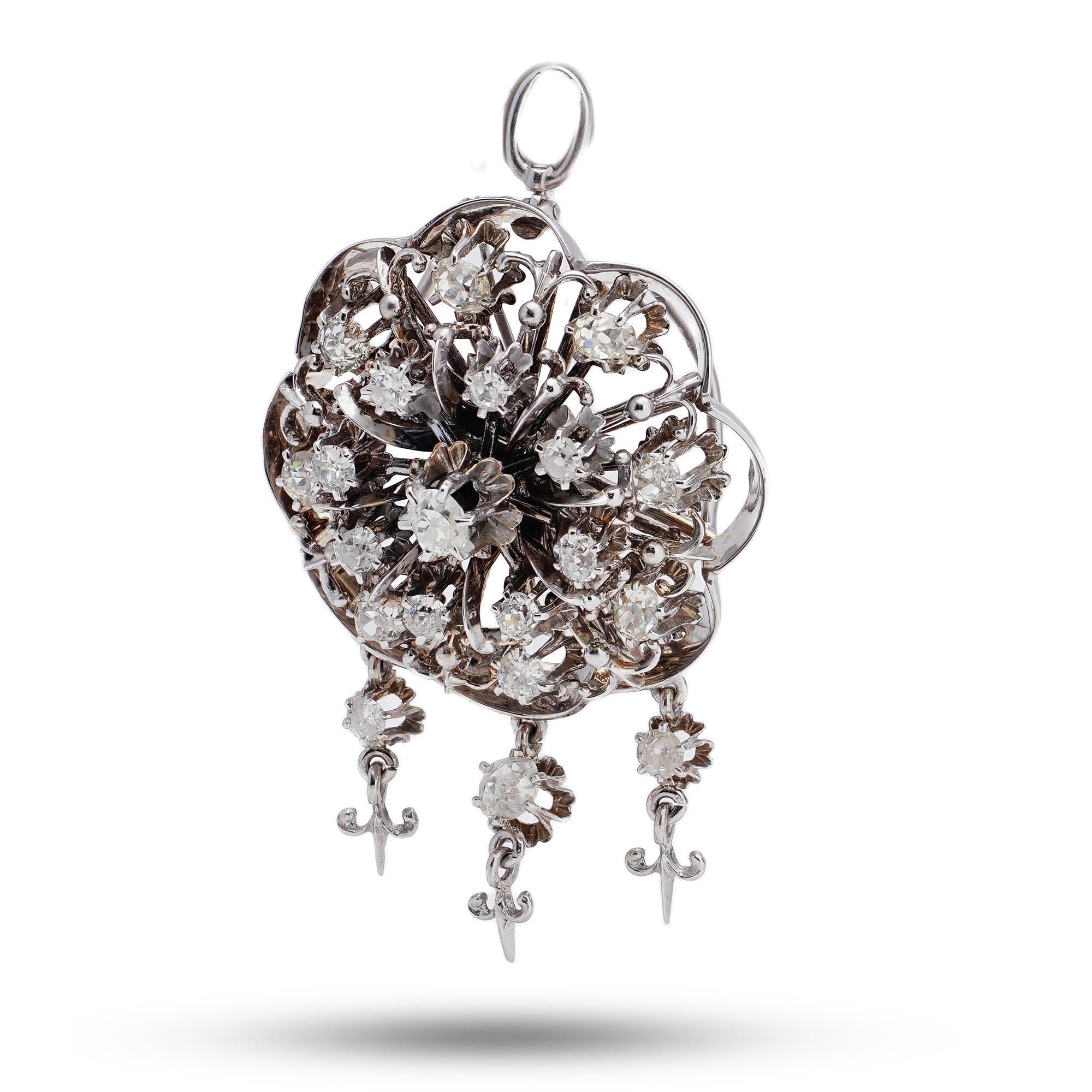 Old European Cut Vintage 14kt. White Gold Flower Brooch/Pendant Set with 3.10 Ct. Diamonds For Sale