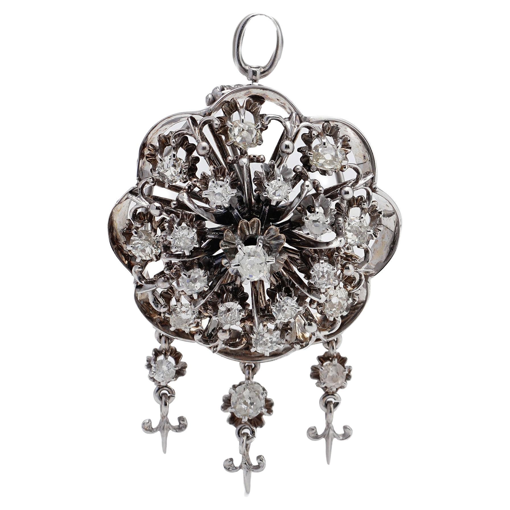 Vintage 14kt. White Gold Flower Brooch/Pendant Set with 3.10 Ct. Diamonds For Sale