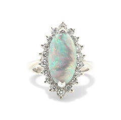 Vintage 14KT White Gold Opal and Diamond Cluster Ring