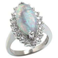 Vintage 14KT White Gold Opal and Diamond Cluster Ring