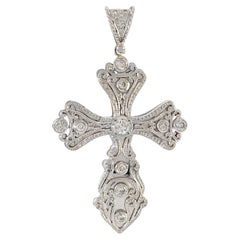 Ciondolo a forma di croce con diamante taglio rotondo in oro bianco 14KT vintage