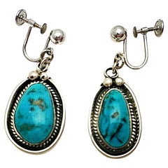 Vintage 14kt White Gold Turquoise 3/4" x 1 1/2" Drop Screw back Earrings