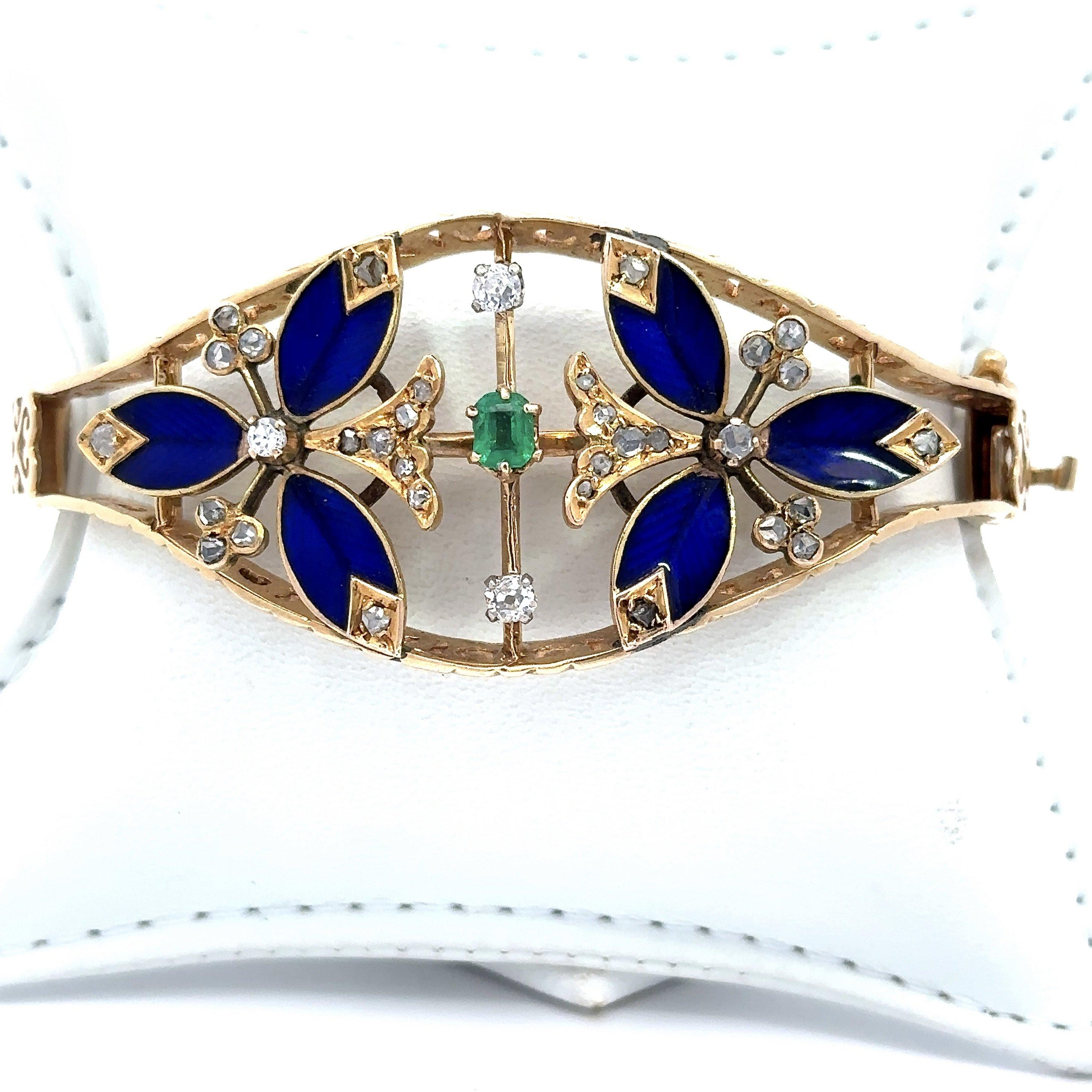 Vintage 14KT Yelllow Gold Cobalt Blue Guilloche Enamel Bangle Bracelet  For Sale 8