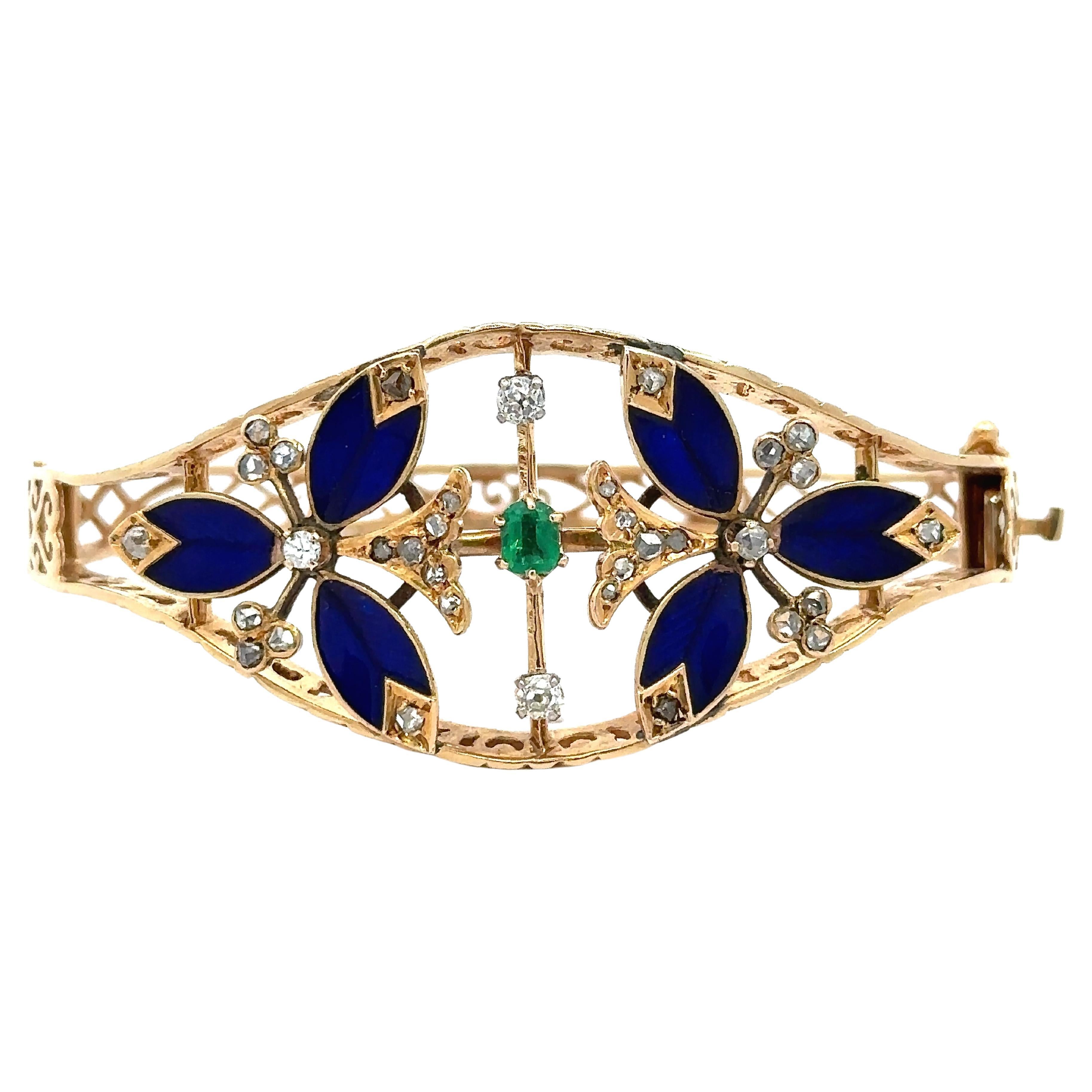 Bracelet jonc vintage en or jaune cobalt et émail guilloché 14 carats 