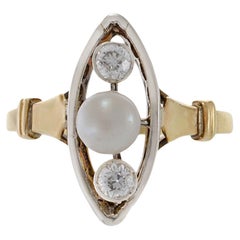 Vintage 14KT Yellow Gold 1930s Pearl And Marquise Diamond Ring