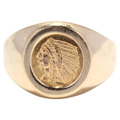 Vintage 14KT Yellow Gold American Indian Coin Signet Ring, Mini American Indian