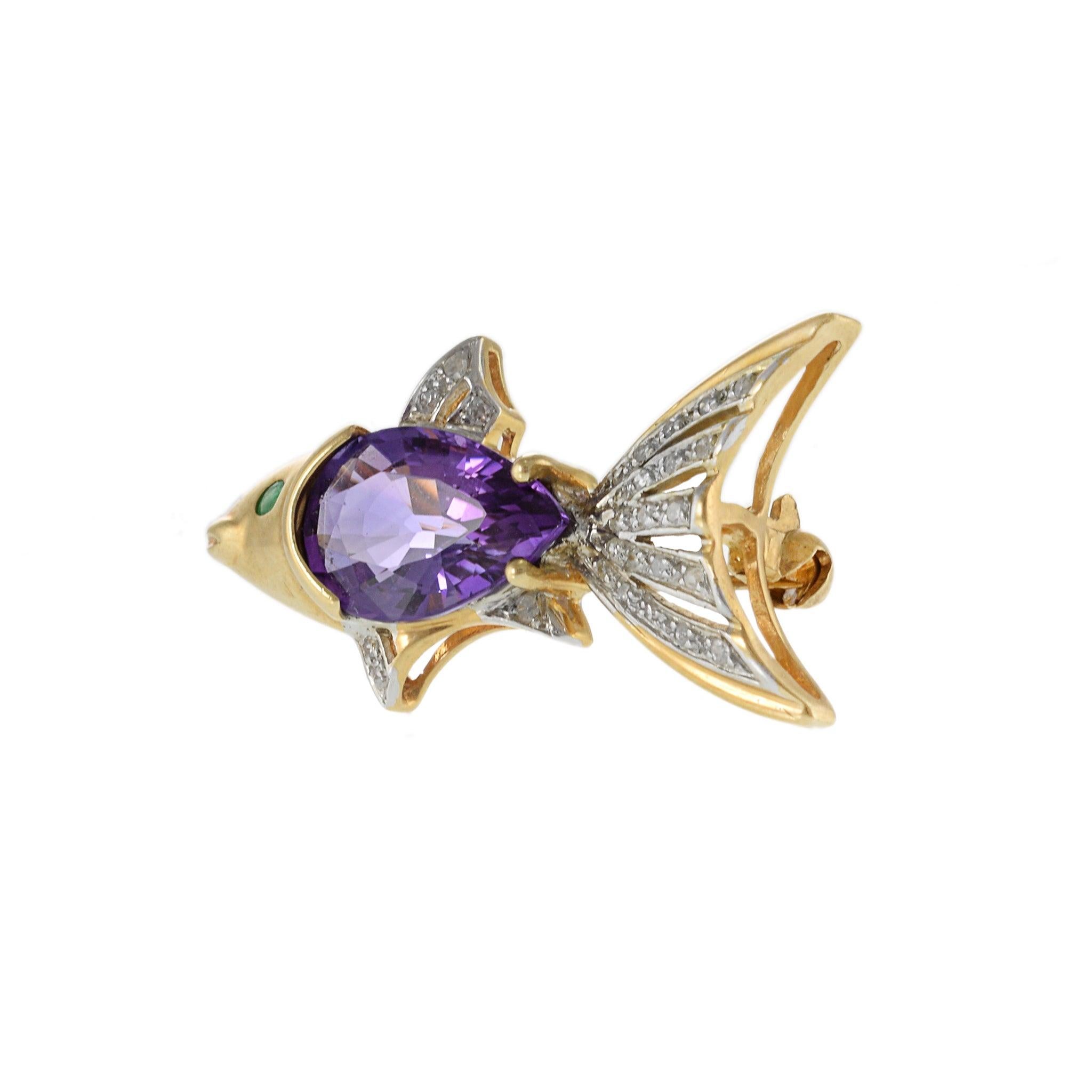 Retro Vintage 14KT Yellow Gold Amethyst and Diamond Fish Pin For Sale