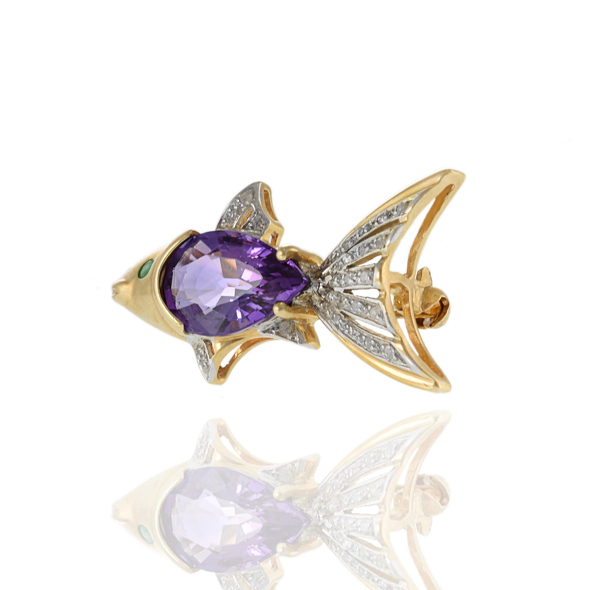 Pear Cut Vintage 14KT Yellow Gold Amethyst and Diamond Fish Pin For Sale