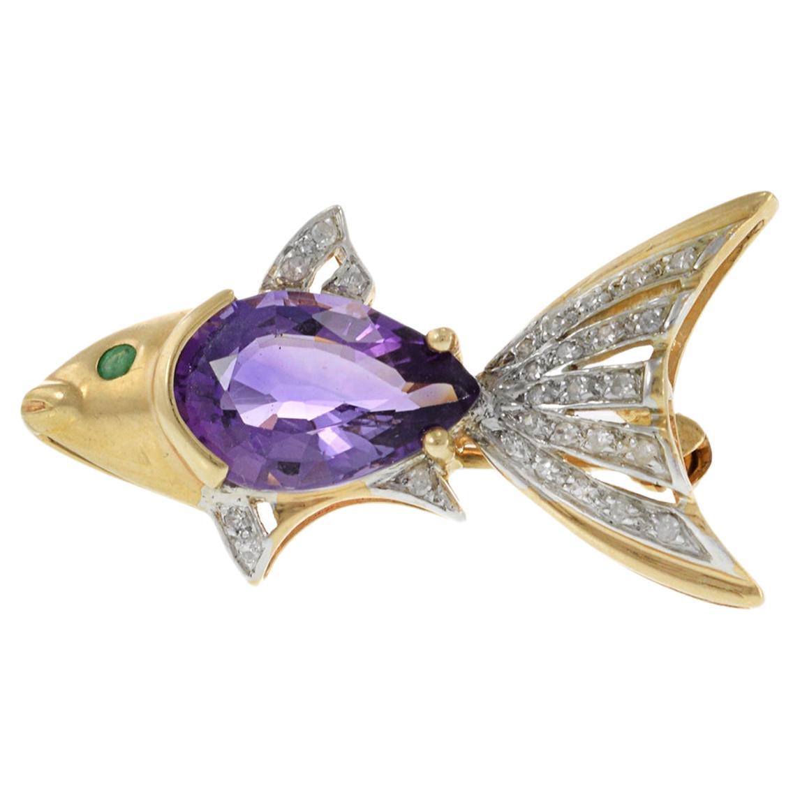 Vintage 14KT Yellow Gold Amethyst and Diamond Fish Pin