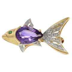 Vintage 14KT Yellow Gold Amethyst and Diamond Fish Pin