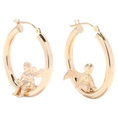 Vintage 14KT Yellow Gold Angel Hoop Earrings, Sitting Angel Hoops