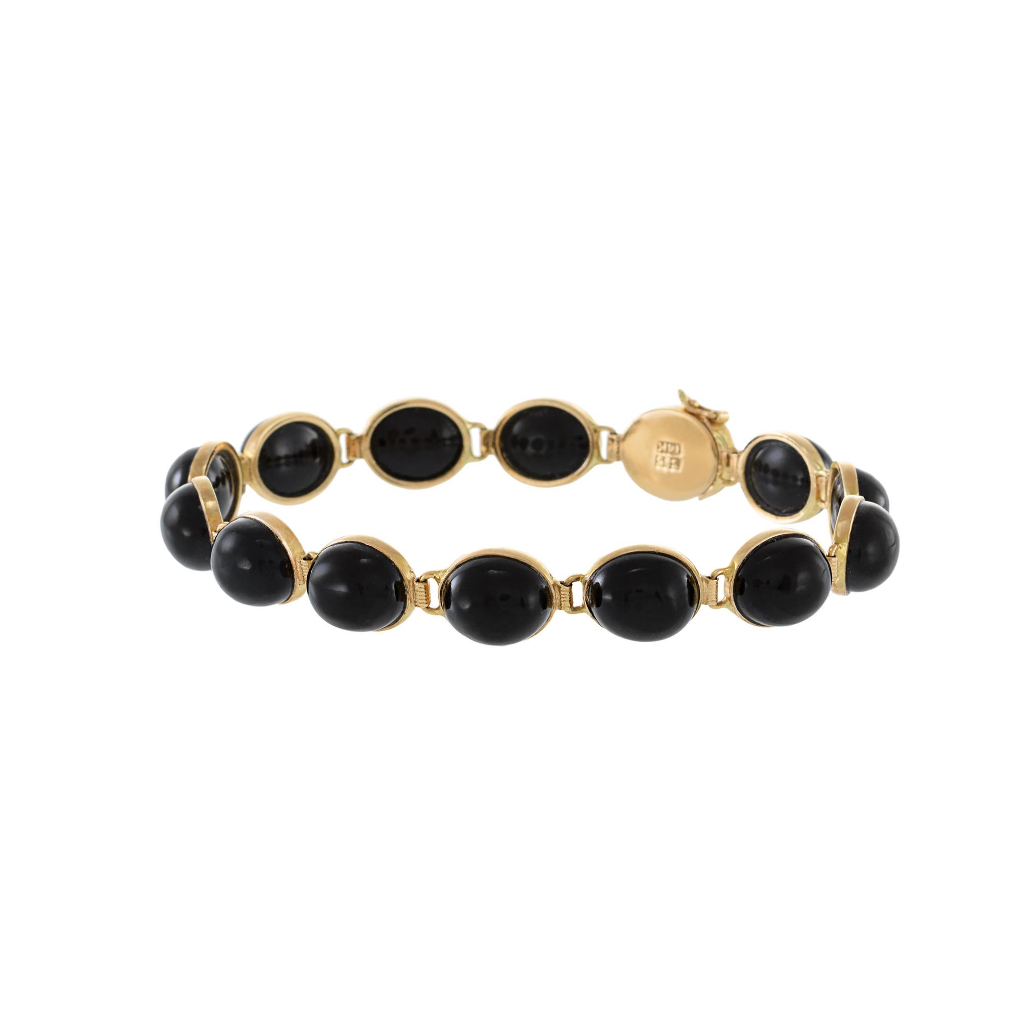 Oval Cut Vintage 14KT Yellow Gold Cabochon Black Onyx Link Bracelet