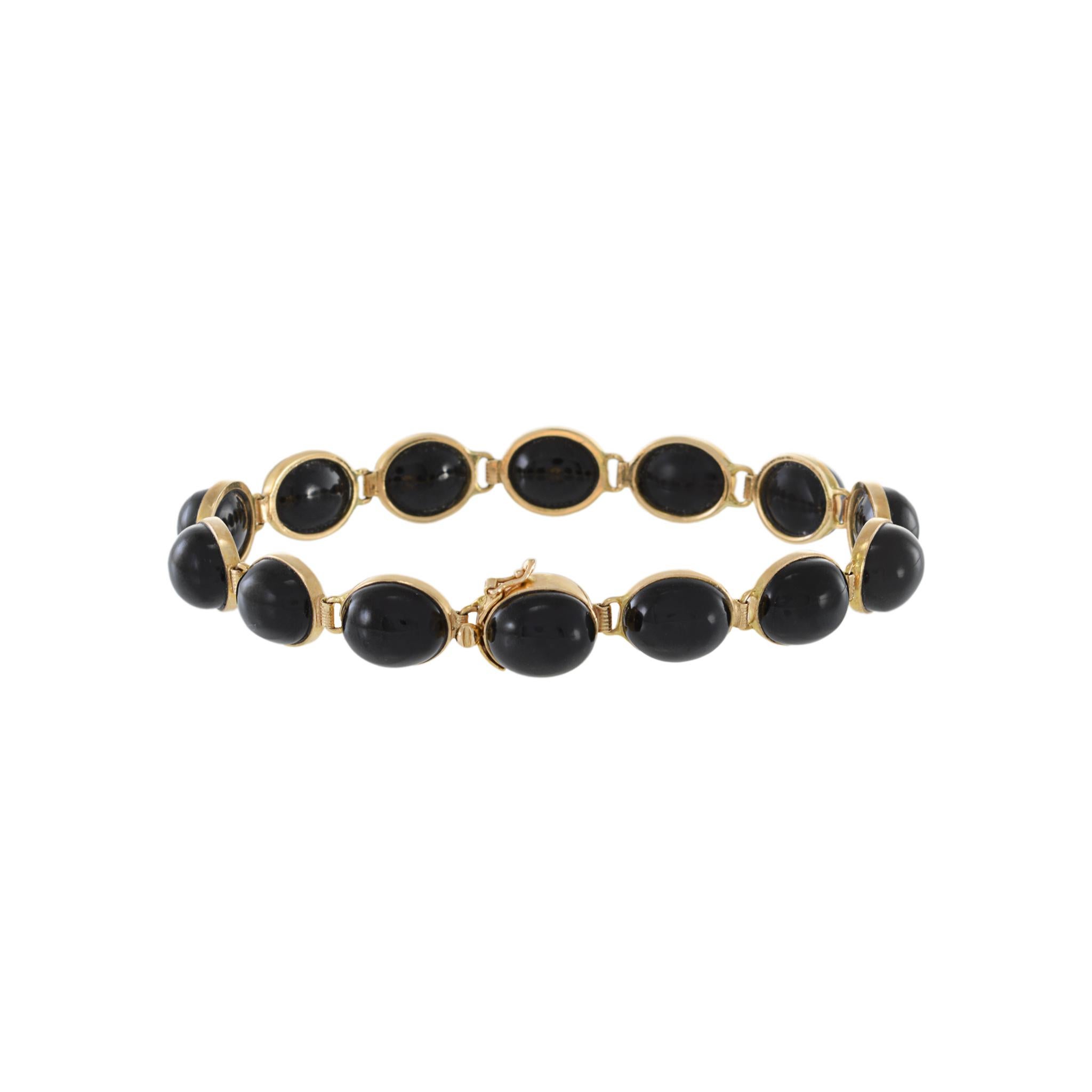 Women's or Men's Vintage 14KT Yellow Gold Cabochon Black Onyx Link Bracelet