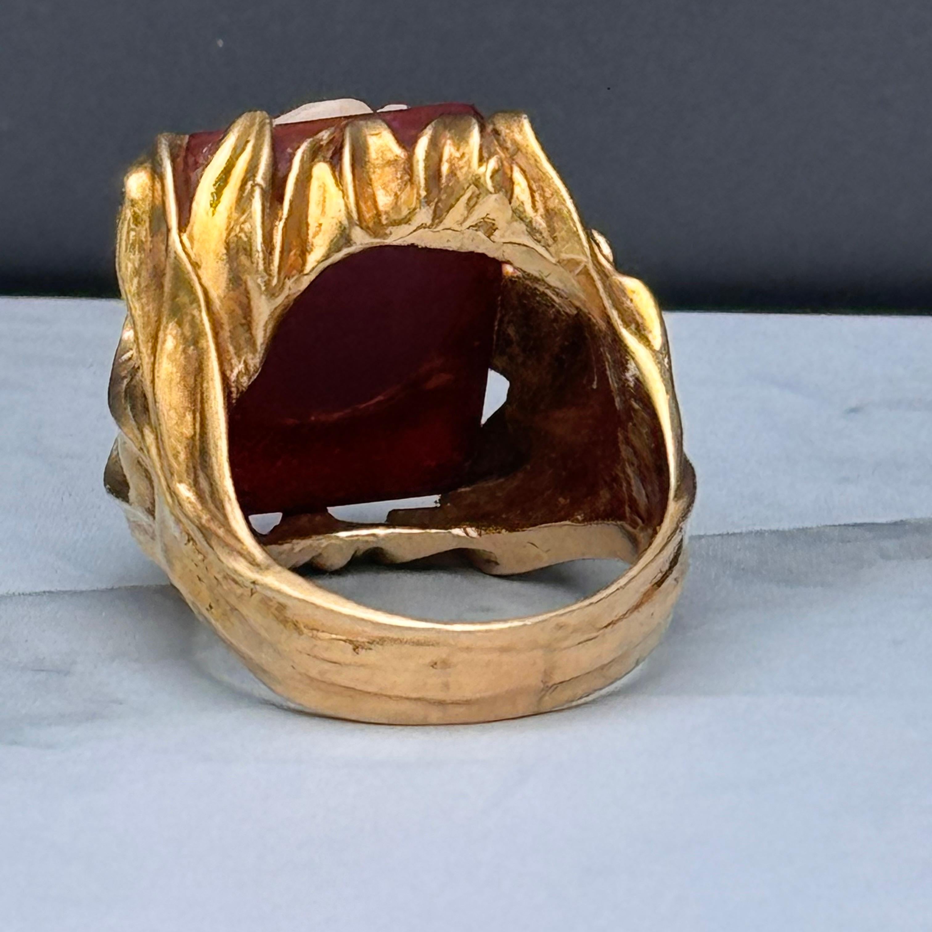 Women's or Men's Vintage 14kt yellow Gold Carved Hard Stone  Ring  For Sale