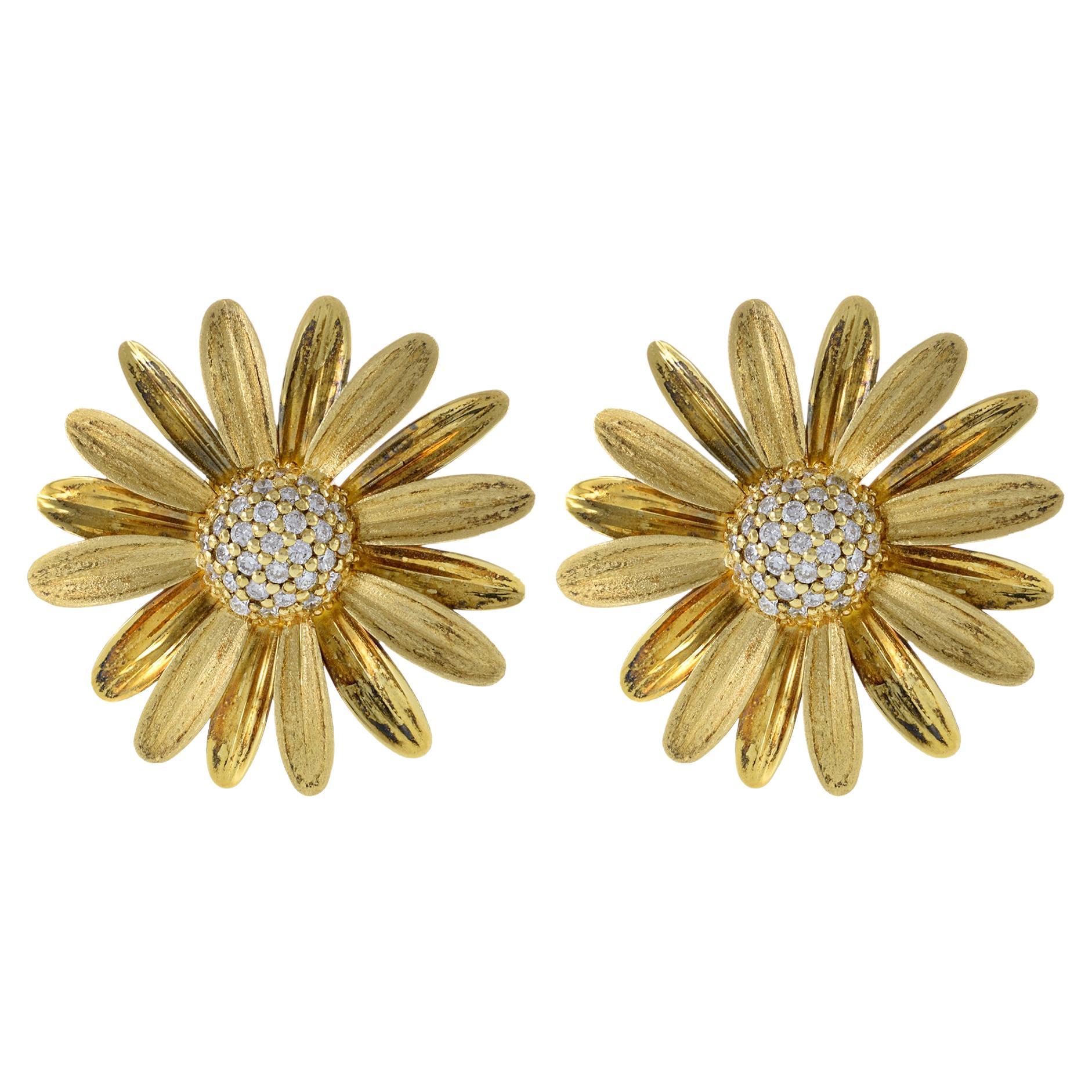 Vintage 14KT Yellow Gold Daisy Flower Diamond Earrings