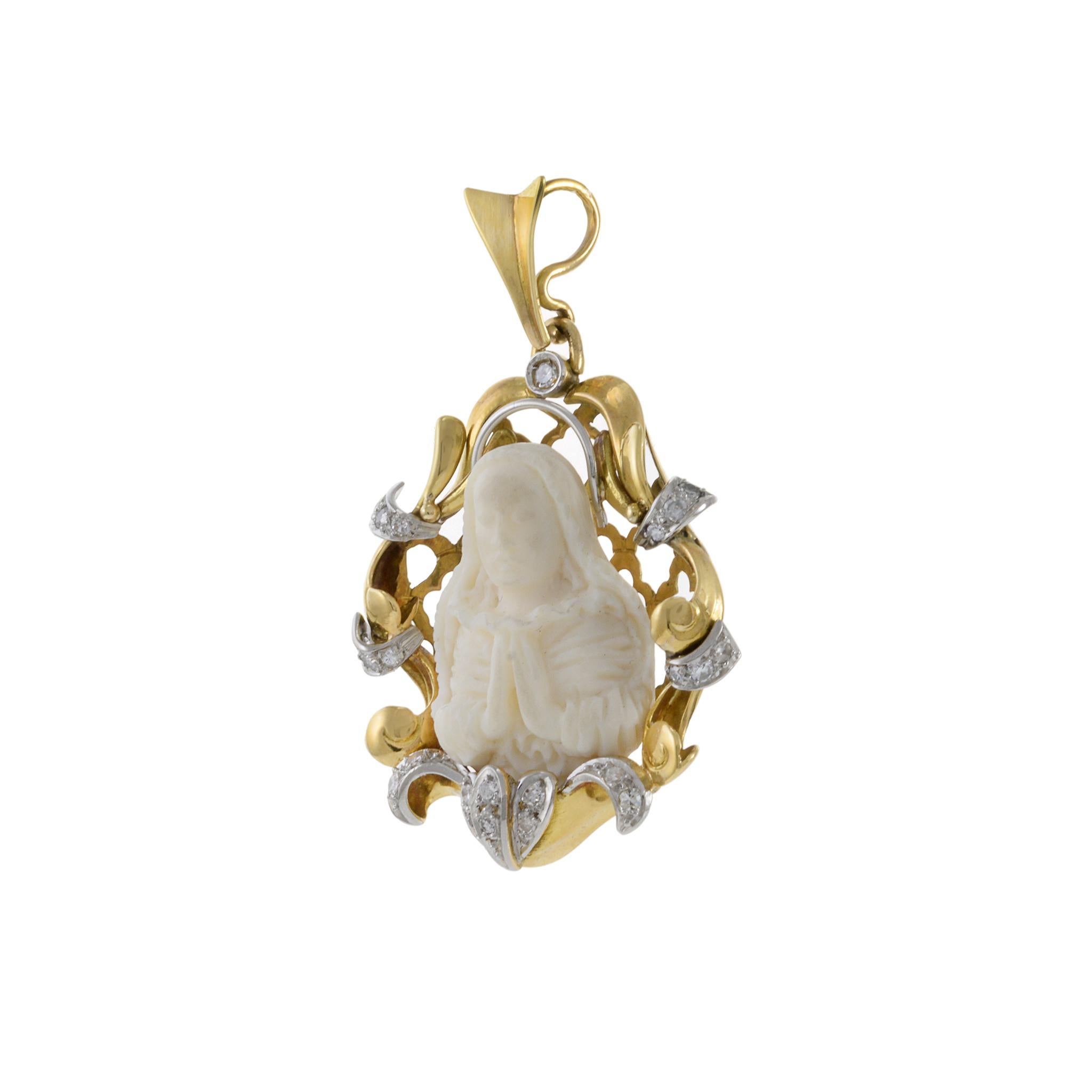 Artisan Vintage 14KT Yellow Gold Diamond Virgin Mary Carving Pendant For Sale