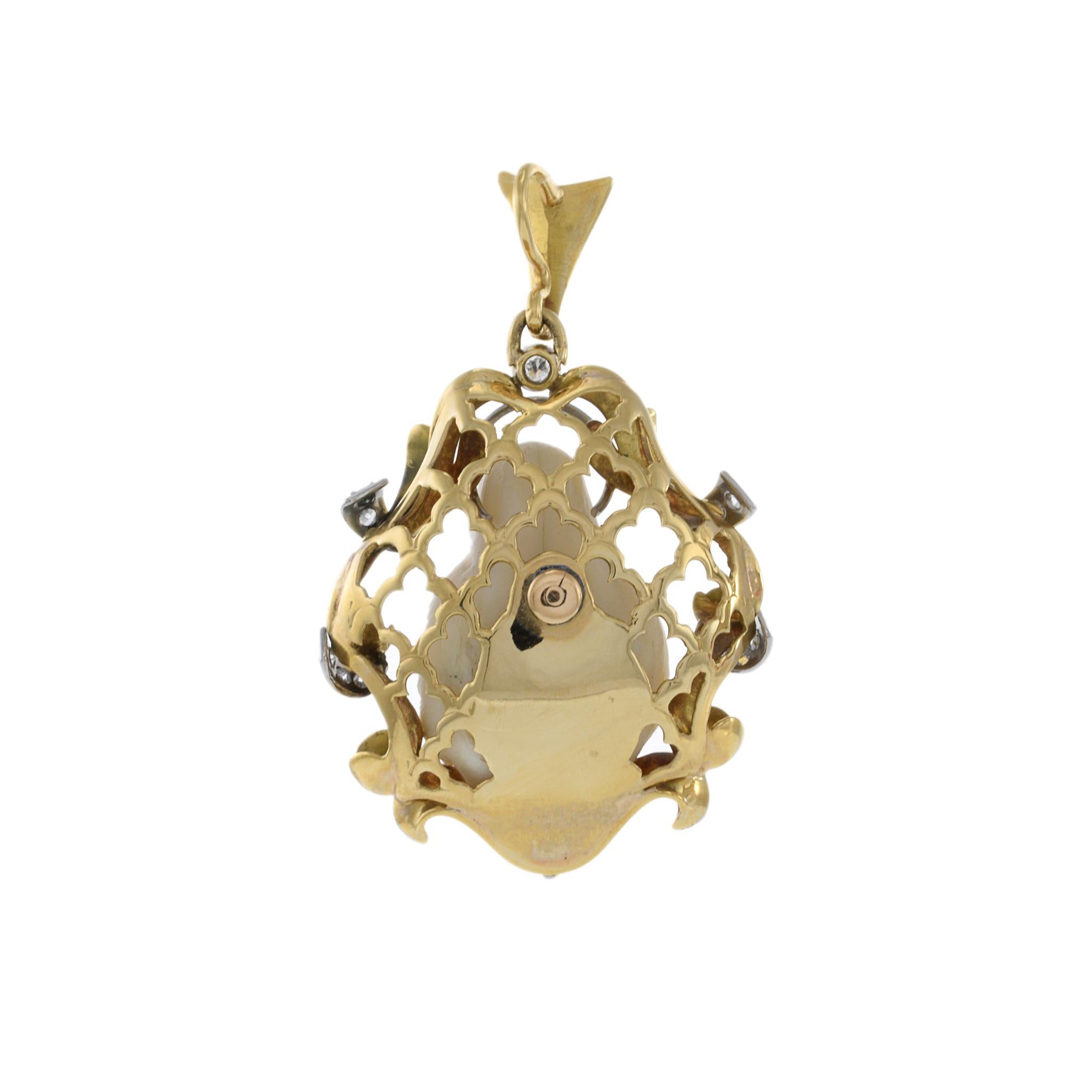 Round Cut Vintage 14KT Yellow Gold Diamond Virgin Mary Carving Pendant For Sale