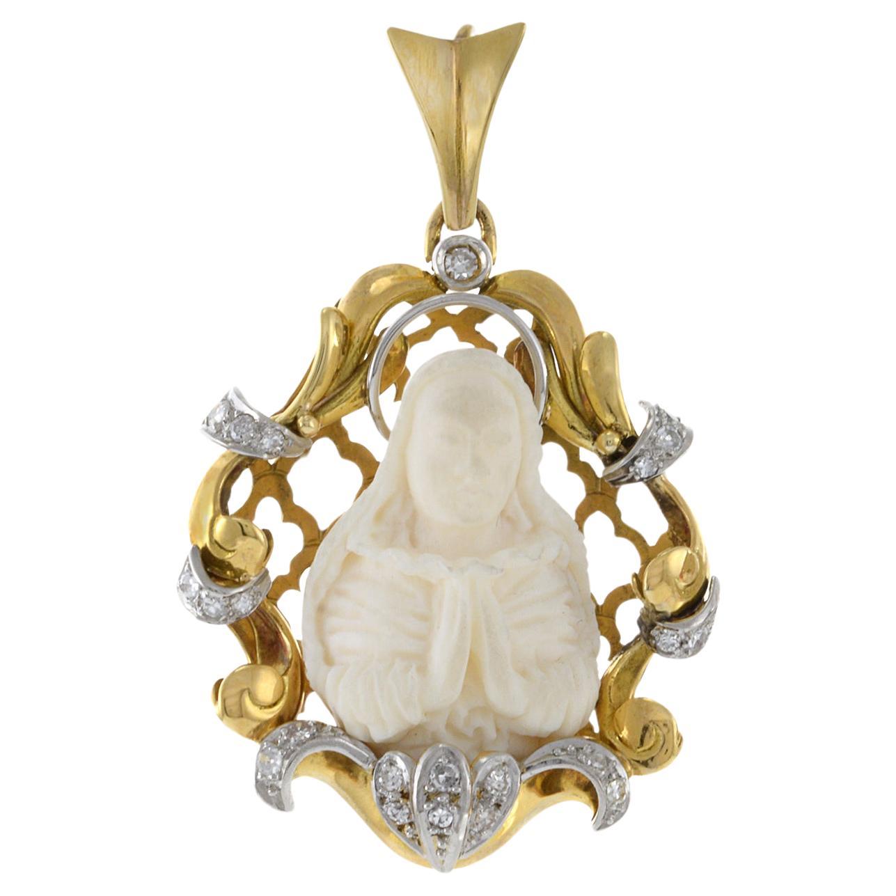 Vintage 14KT Yellow Gold Diamond Virgin Mary Carving Pendant