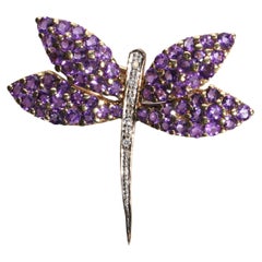 Retro 14kt. yellow gold dragonfly brooch with amethyst and diamonds