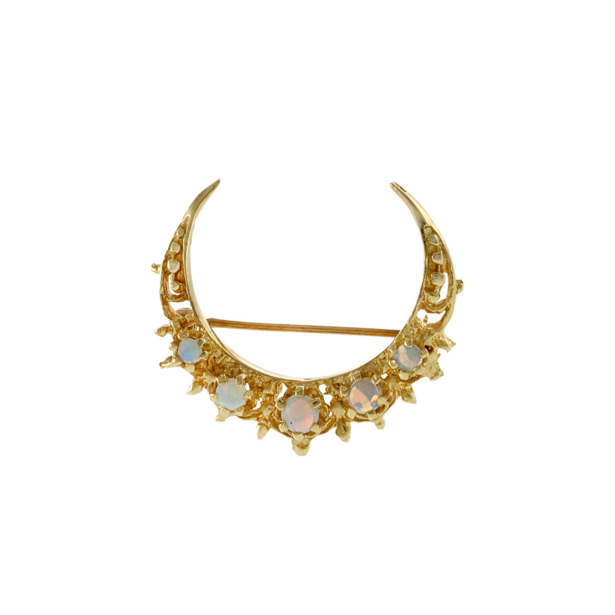 Vintage 14KT Yellow Gold Half Moon Brooch with Five Cabochon White Opals. This elegant brooch features a half moon design crafted from luxurious 14KT yellow gold and adorned with five captivating cabochon white opals. Weighing 4.6 grams, this piece