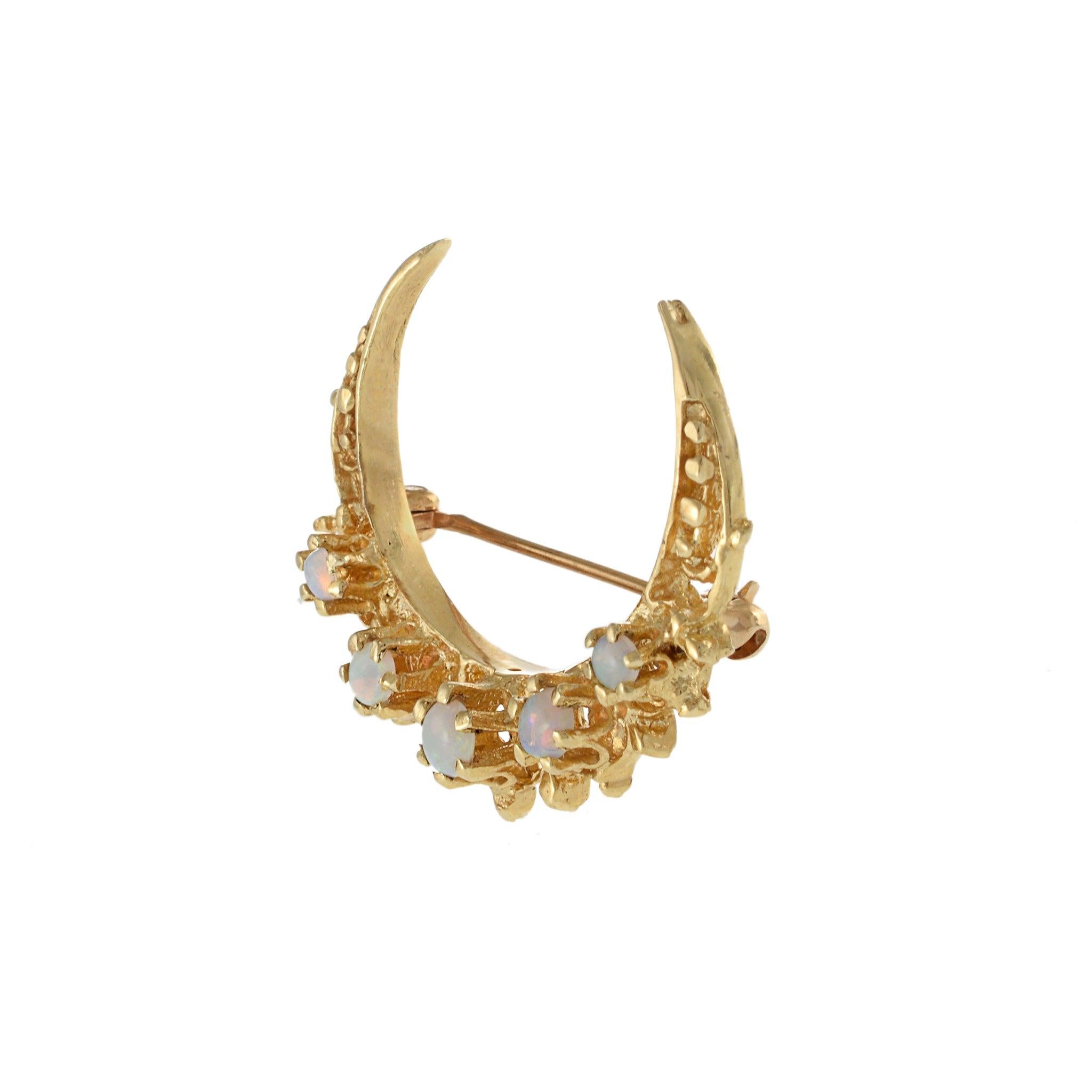Contemporary Vintage 14KT Yellow Gold Half Moon Brooch with Five Cabochon White Opals For Sale