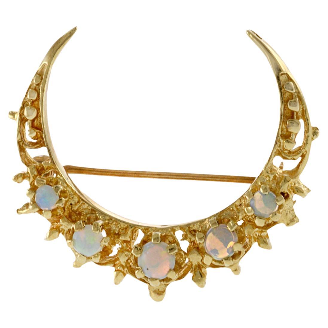 Vintage 14KT Yellow Gold Half Moon Brooch with Five Cabochon White Opals