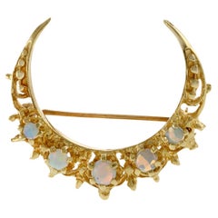 Vintage 14KT Yellow Gold Half Moon Brooch with Five Cabochon White Opals