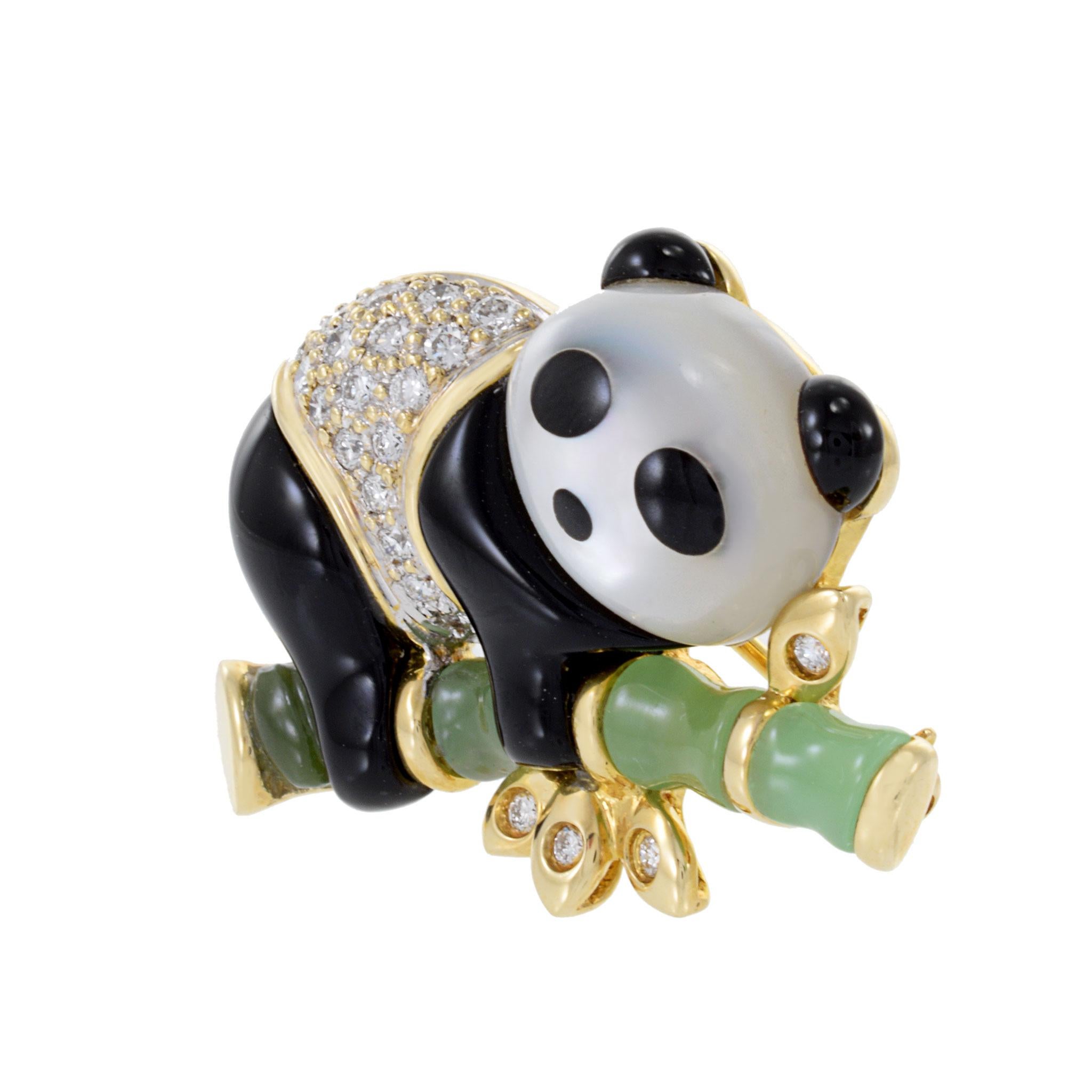 Round Cut Vintage 14KT Yellow Gold Mother Of Pearl, Onyx And Jade Panda Brooch For Sale