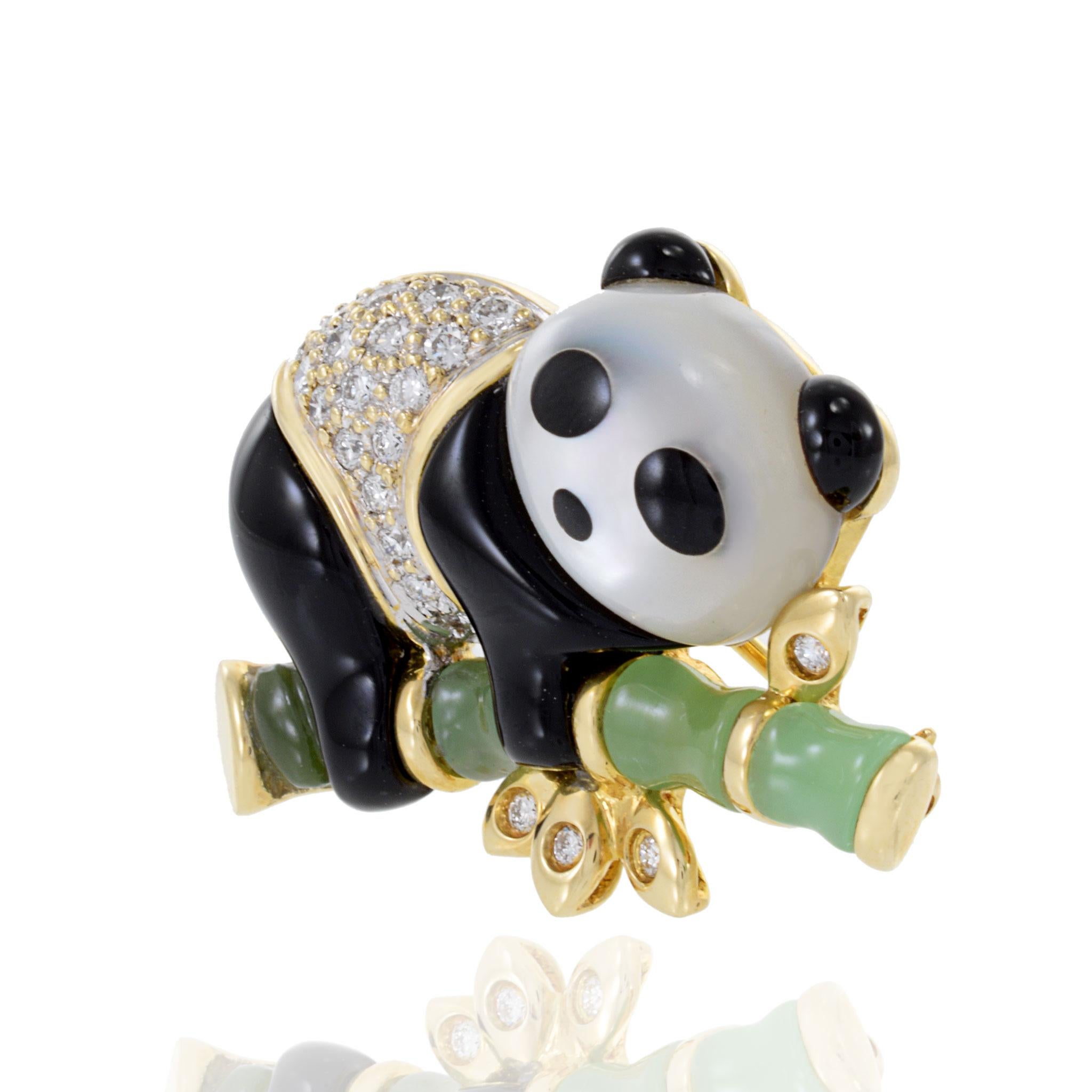 Vintage 14KT Yellow Gold Mother Of Pearl, Onyx And Jade Panda Brooch In Excellent Condition For Sale In New York, NY