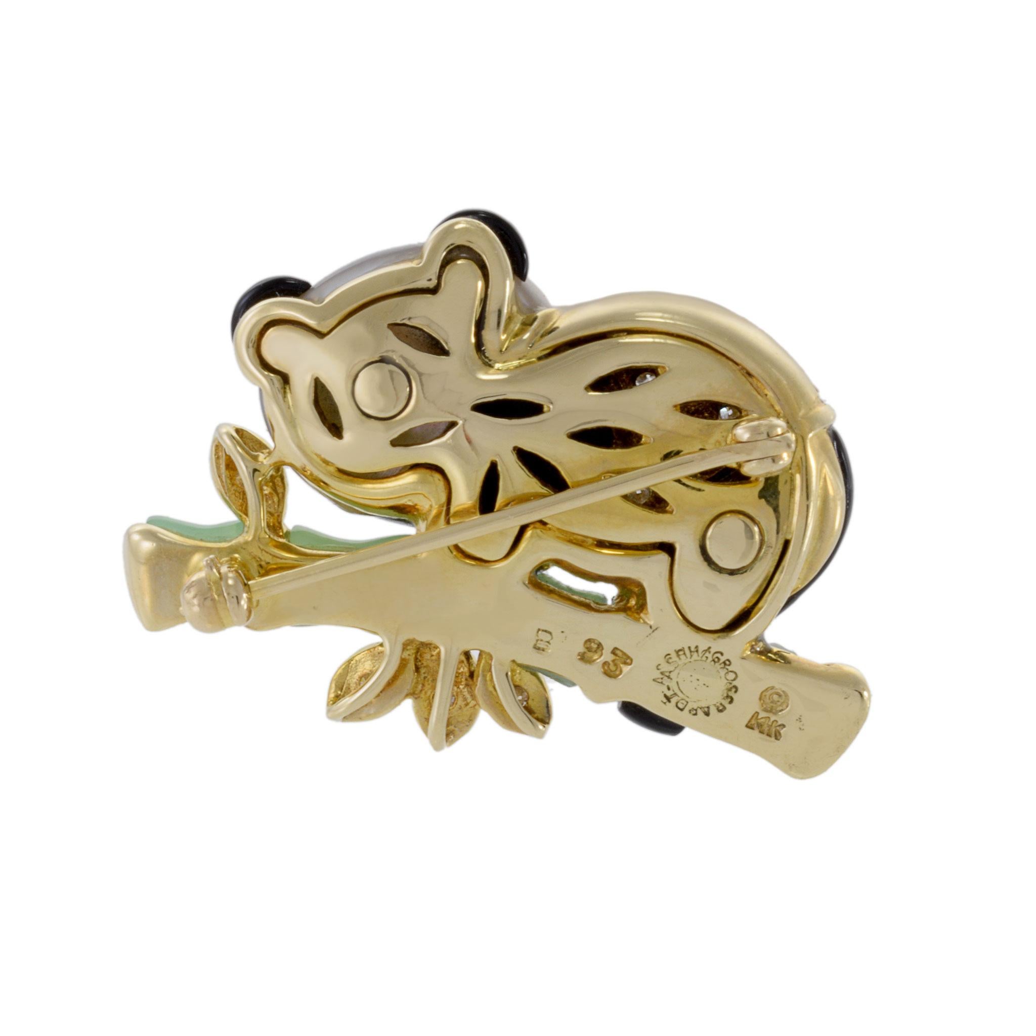 Women's or Men's Vintage 14KT Yellow Gold Mother Of Pearl, Onyx And Jade Panda Brooch For Sale