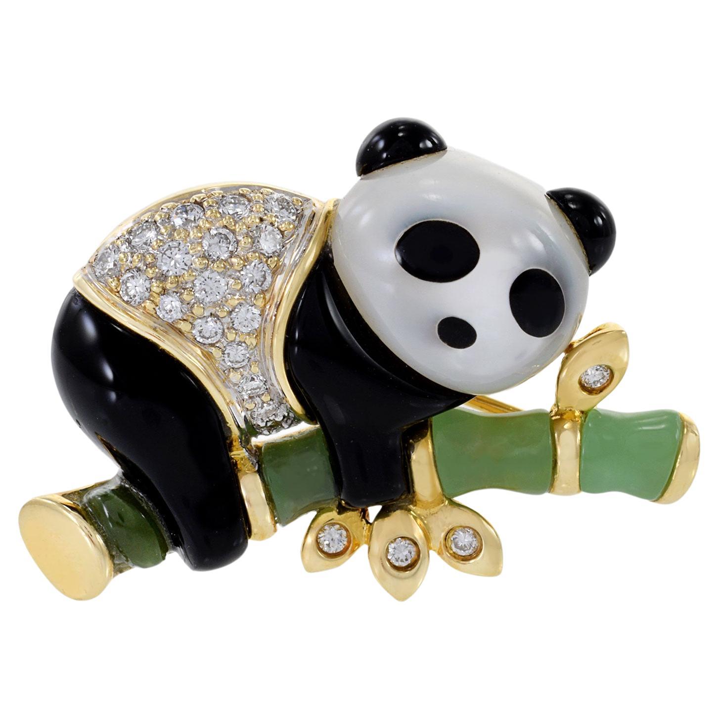 Vintage 14KT Yellow Gold Mother Of Pearl, Onyx And Jade Panda Brooch For Sale