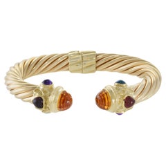 Vintage 14KT Yellow Gold Multi-Colored Gemstone Twisted Cable Cuff Bracelet